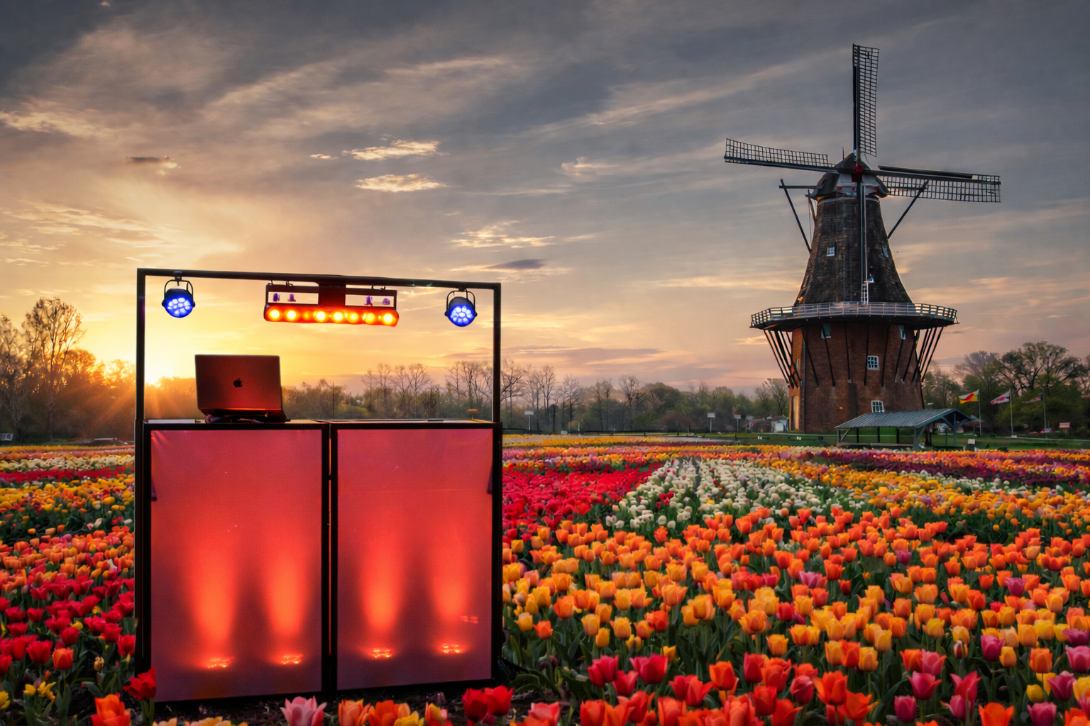 Wedding DJ booth tulips at sunset holland michigan dezwaan windmill